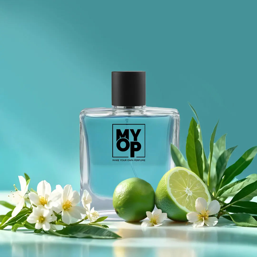 MYOP Afterparty luxury perfume: a long-lasting fresh fragrance featuring zesty lime, crisp green notes, and delicate white floral accords.