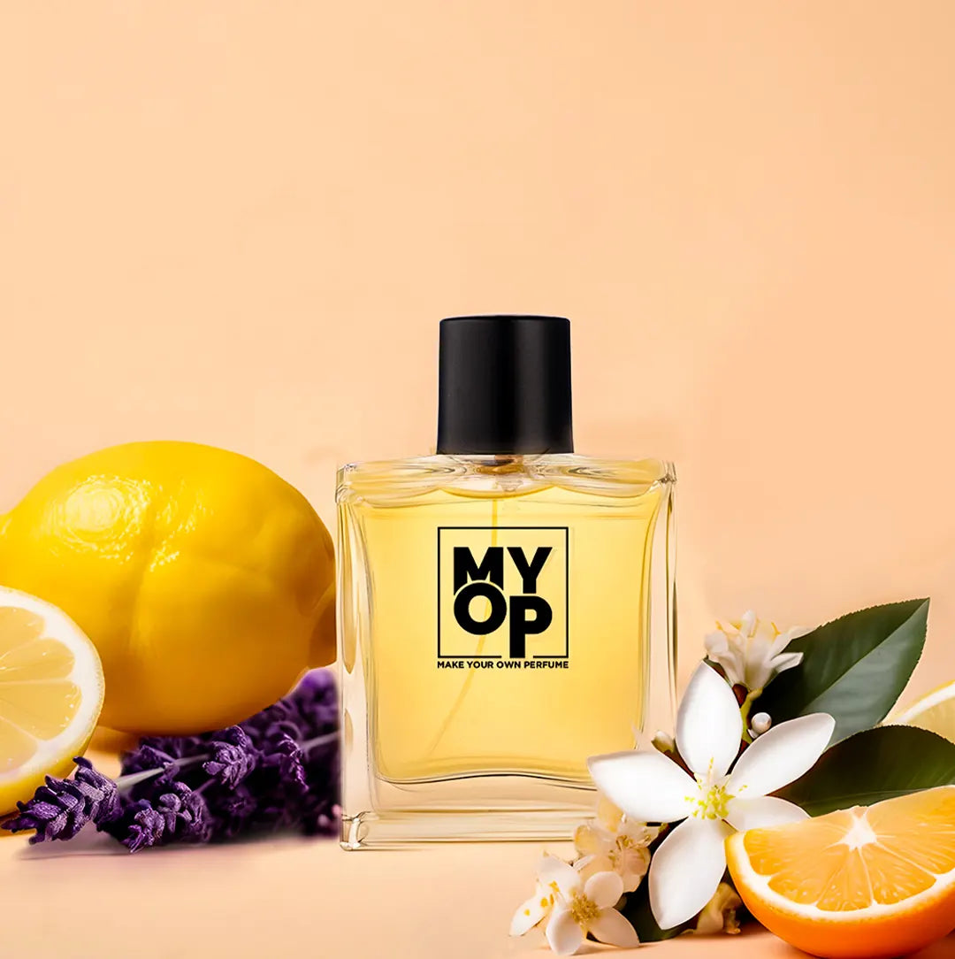 MYOP Guilt for Men long-lasting perfume: a fresh citrus fragrance featuring lemon, orange, and white floral notes in a luxury glass bottle.