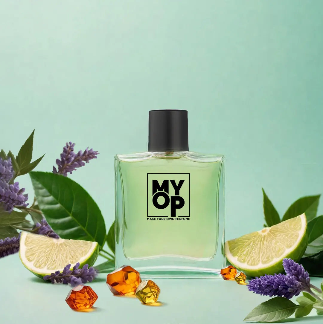MYOP The Legend luxury perfume: a long-lasting fresh fragrance for men with zesty lime, aromatic lavender, and amber notes.