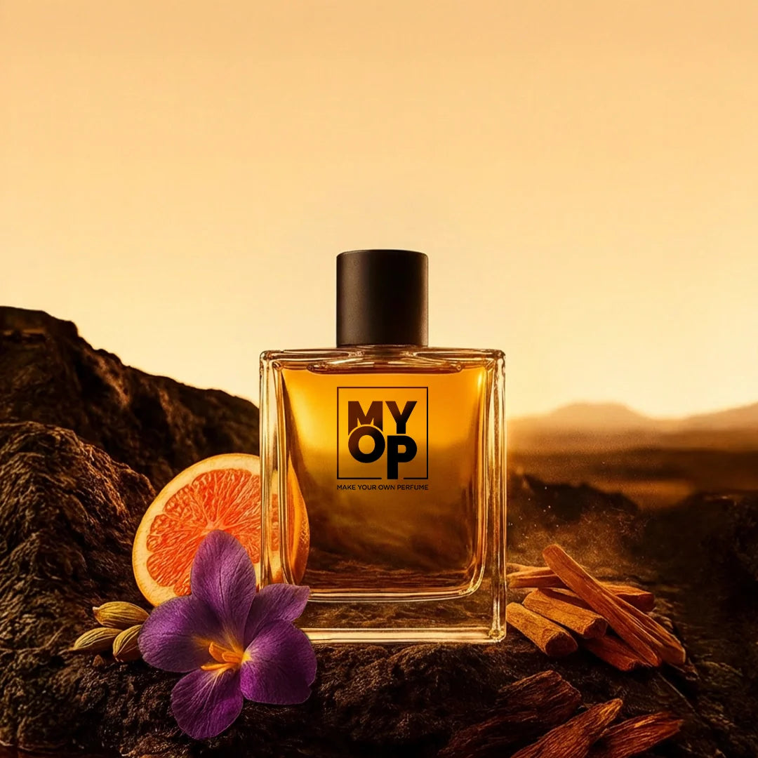 MYOP Sandal Veer luxury perfume: a long-lasting woody fragrance for men featuring rich sandalwood, zesty orange, and exotic saffron notes.
