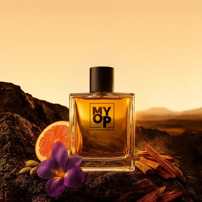 MYOP Sandal Veer luxury perfume: a long-lasting woody fragrance for men featuring rich sandalwood, zesty orange, and exotic saffron notes.
