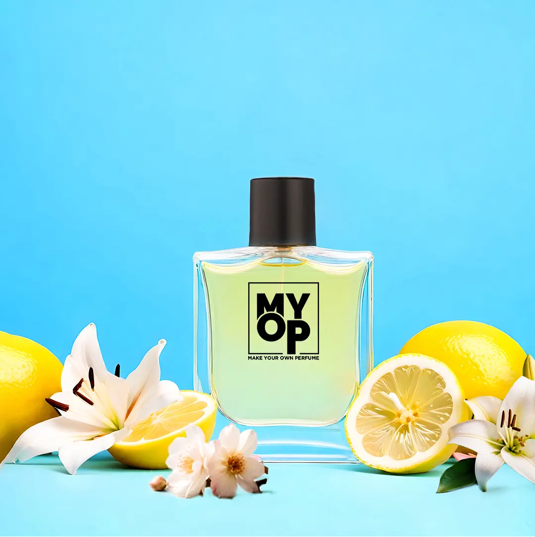 MYOP Aqua Marine luxury perfume: a long-lasting aquatic fragrance for men featuring zesty lemon, fresh white lily, and crisp floral notes.
