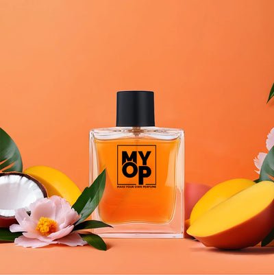 MYOP Bangalore Bloom tropical perfume: a long-lasting floral fragrance featuring fresh mango, coconut, and pink blossom notes in a luxury bottle.
