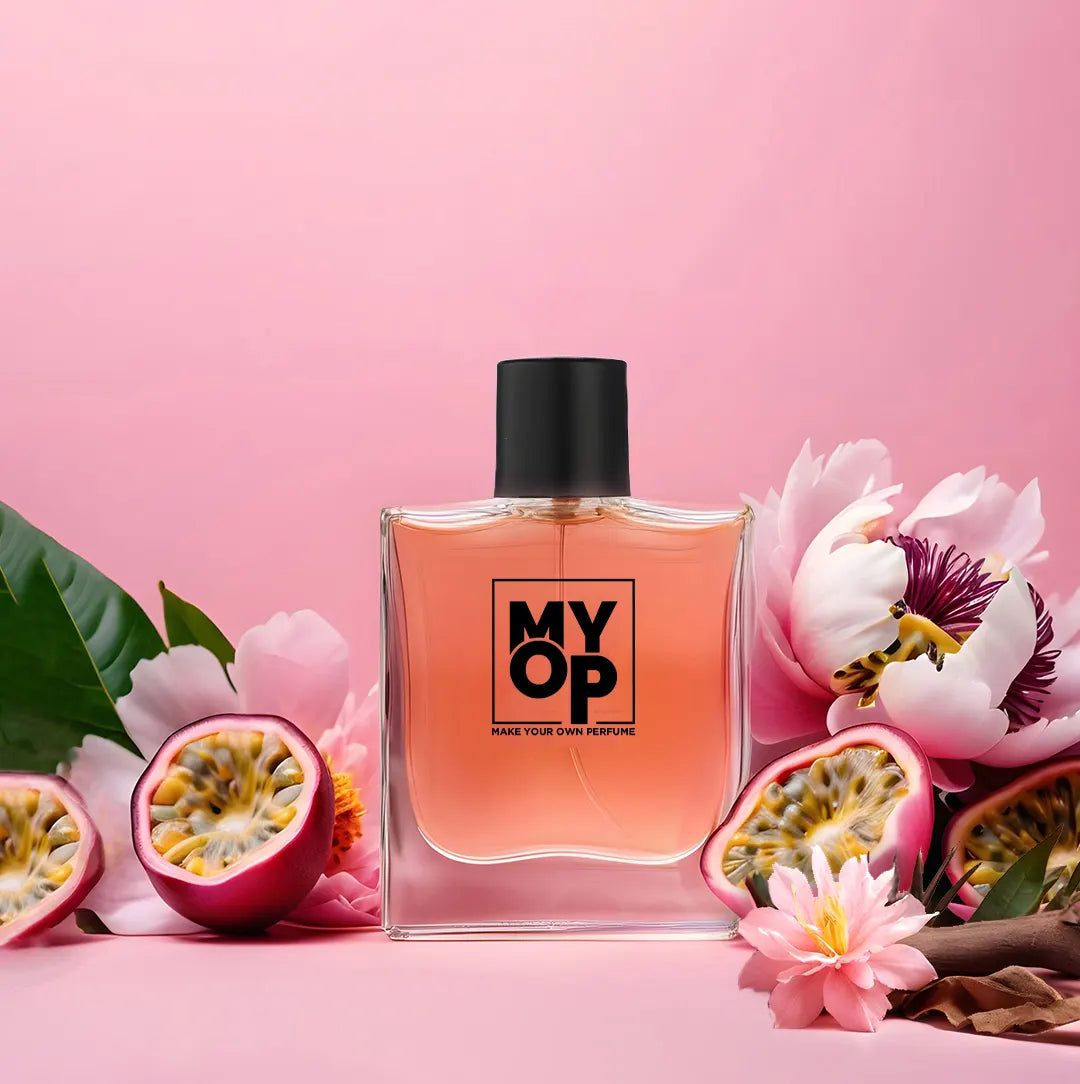 MYOP Bomb luxury perfume: a long-lasting floral and fruity fragrance for women featuring fresh passion fruit and pink peony notes.
