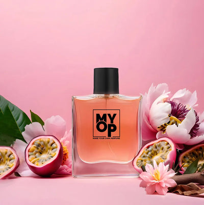 MYOP Bomb luxury perfume: a long-lasting floral and fruity fragrance for women featuring fresh passion fruit and pink peony notes.
