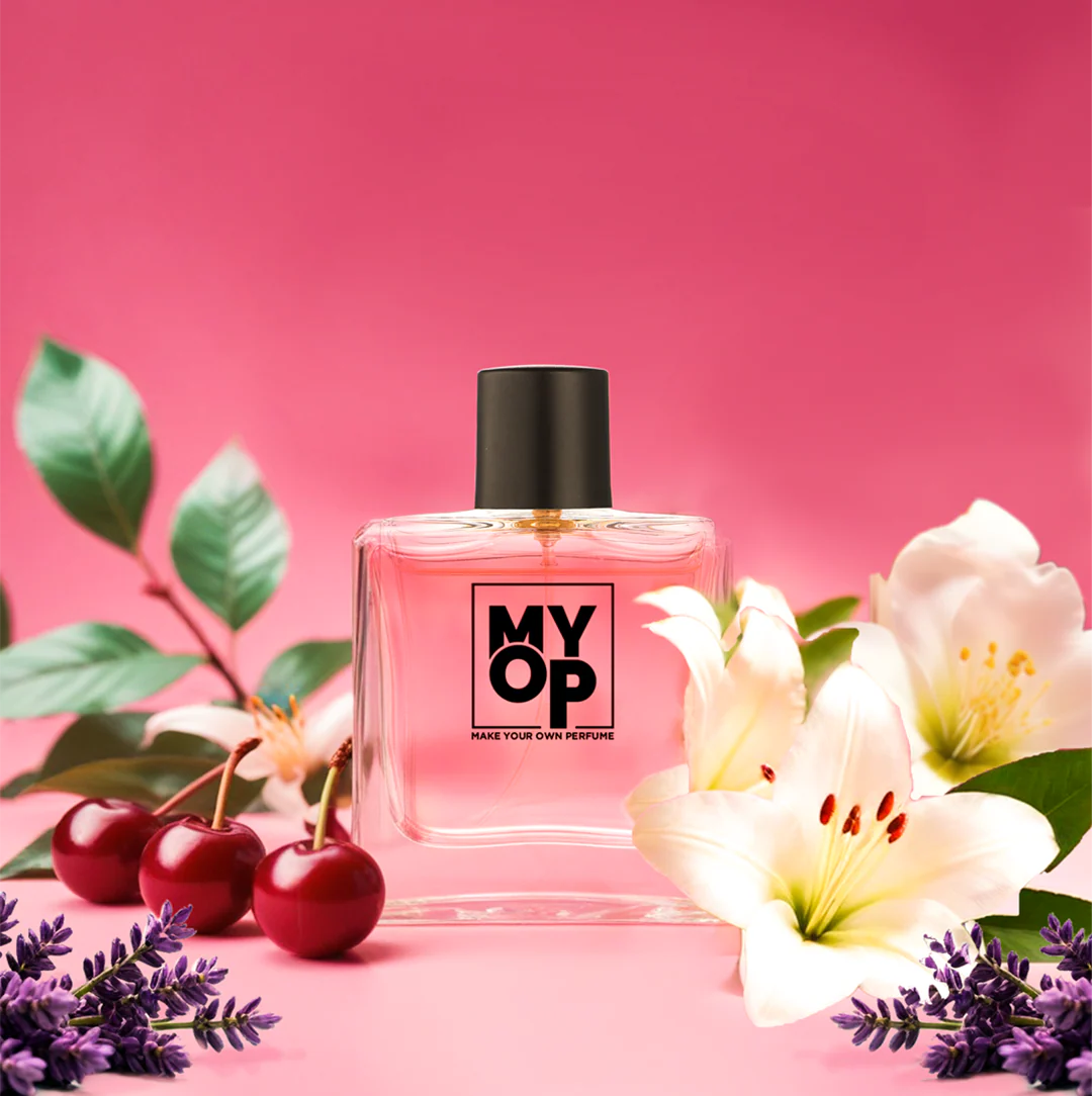 MYOP Florence luxury perfume: a long-lasting floral fragrance for women with sweet cherry, fresh white lily, and aromatic lavender notes.
