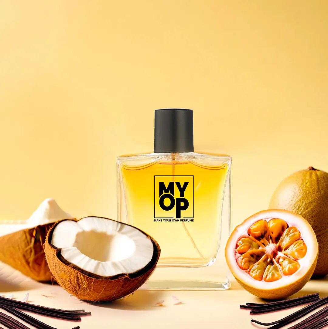 MYOP Fruit Punch tropical perfume: a long-lasting unisex fragrance with fresh coconut, passion fruit, and vanilla bean notes.
