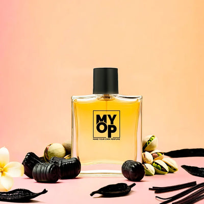 MYOP Gold luxury perfume: a long-lasting gourmand fragrance featuring creamy pistachio, sweet vanilla, and rich tonka bean notes.