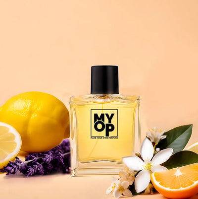 MYOP Guilt for Men long-lasting perfume: a fresh citrus fragrance featuring lemon, orange, and white floral notes in a luxury glass bottle.