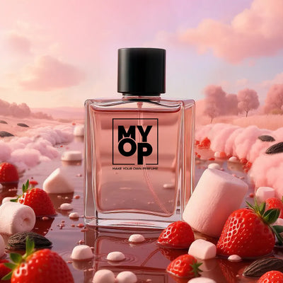 MYOP Marshmallow Fluff luxury perfume: a sweet gourmand fragrance featuring sugary marshmallow, fresh strawberry, and creamy vanilla notes.
