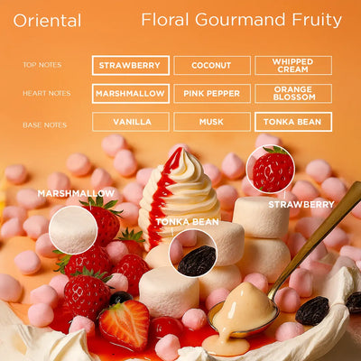 Scented product with strawberry, coconut, and marshmallow elements on an orange background