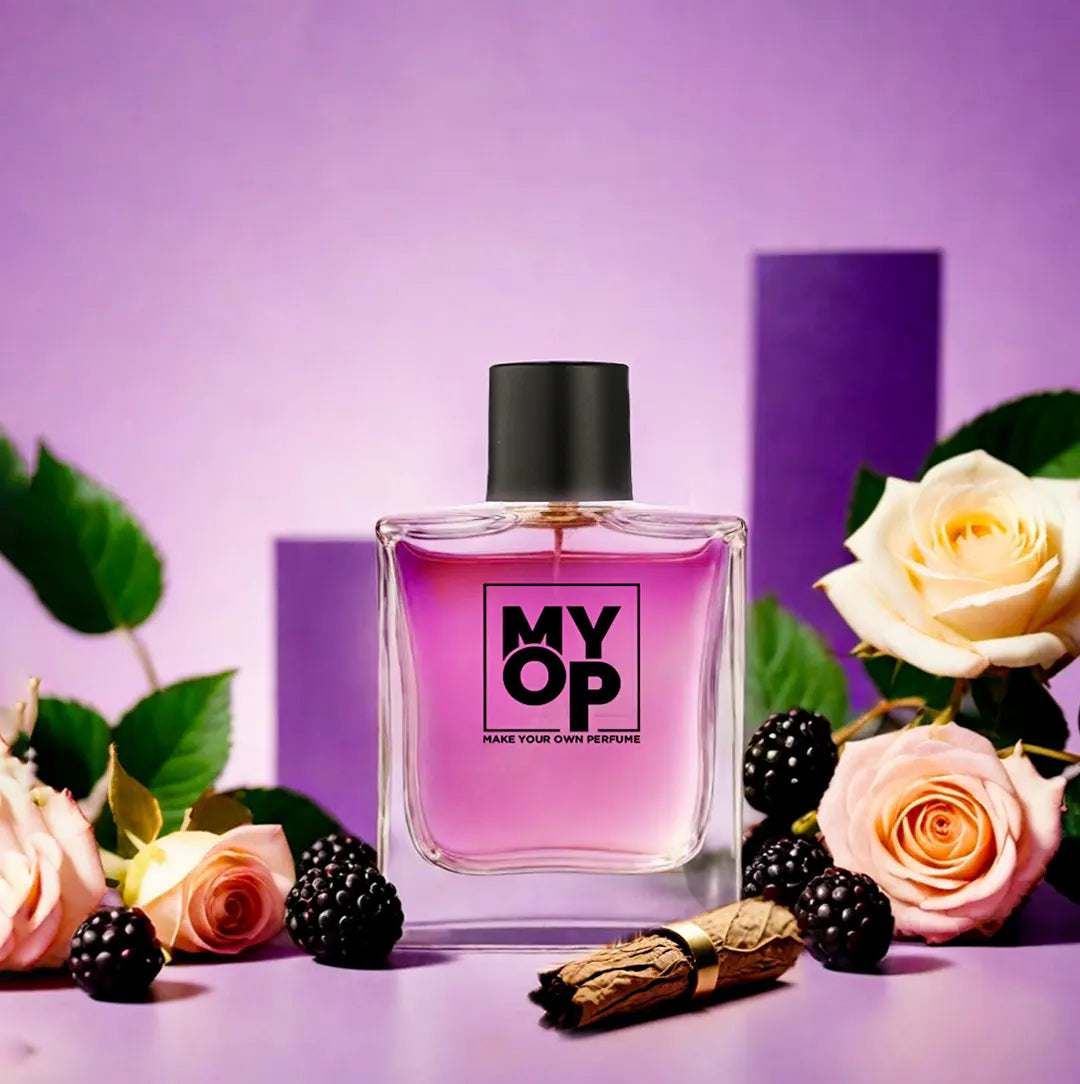 MYOP Midnight Velvet luxury perfume: a long-lasting evening fragrance featuring ripe blackberries, elegant tea roses, and warm woody notes.

