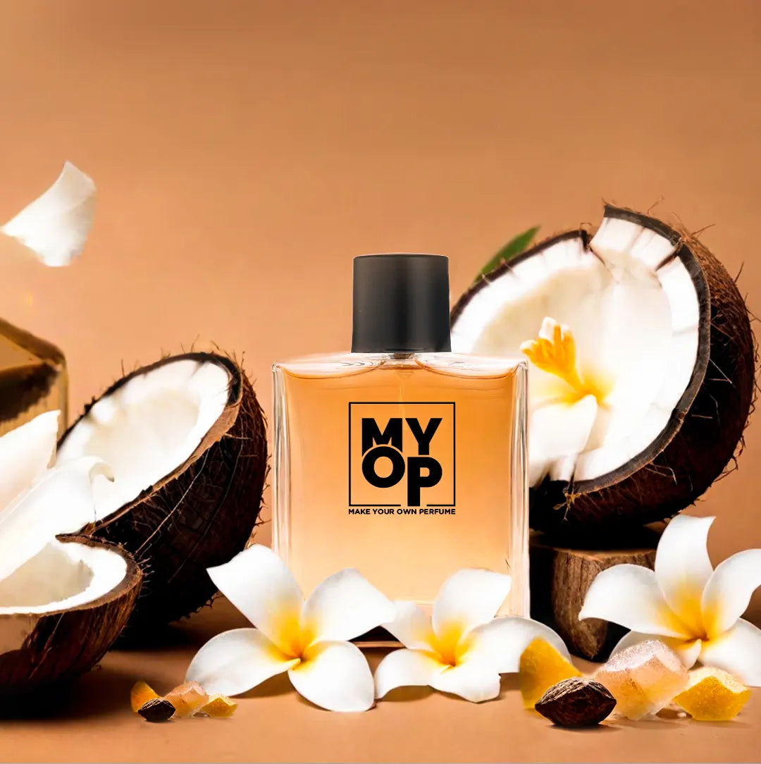 MYOP One of a Kind luxury perfume: a long-lasting tropical fragrance featuring creamy coconut, white frangipani flowers, and warm amber notes.
