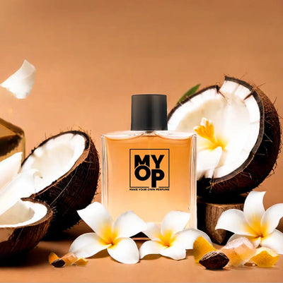 MYOP One of a Kind luxury perfume: a long-lasting tropical fragrance featuring creamy coconut, white frangipani flowers, and warm amber notes.
