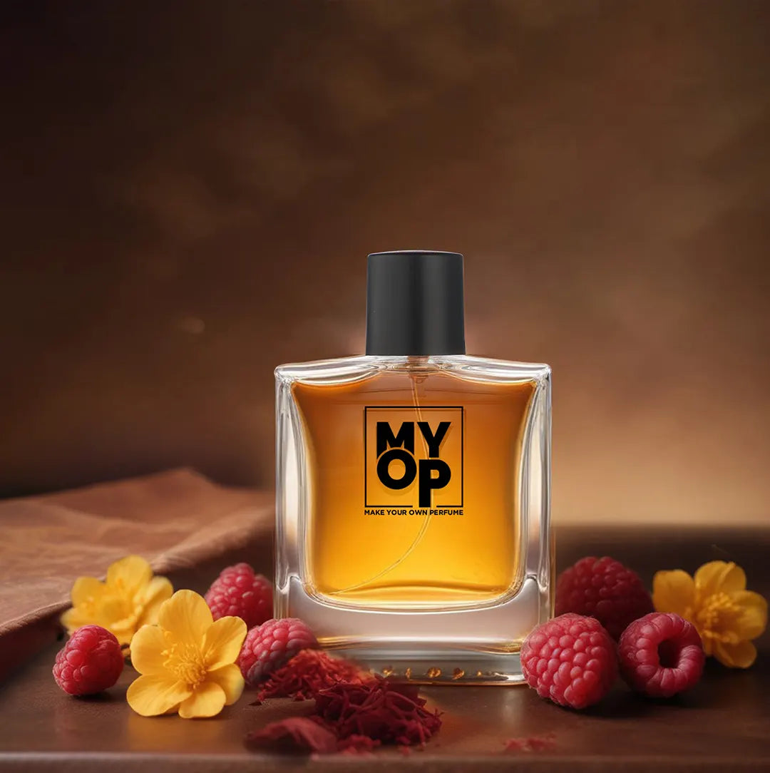 MYOP Pablo premium perfume: a luxury fragrance featuring vibrant raspberry, saffron, and yellow floral notes .
