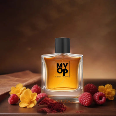 MYOP Pablo premium perfume: a luxury fragrance featuring vibrant raspberry, saffron, and yellow floral notes .

