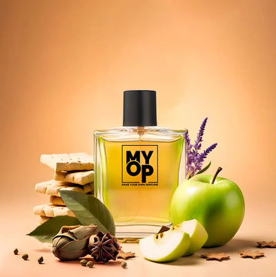 MYOP Party Smart perfume: a long-lasting party wear fragrance with notes of green apple and spice in a luxury glass bottle.

