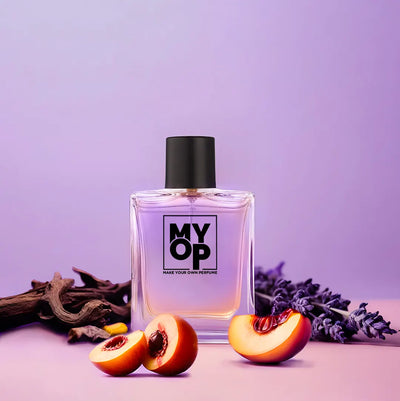 MYOP Purple Mystique luxury perfume: a long-lasting fragrance featuring sweet peach, fresh lavender, and earthy woody notes.
